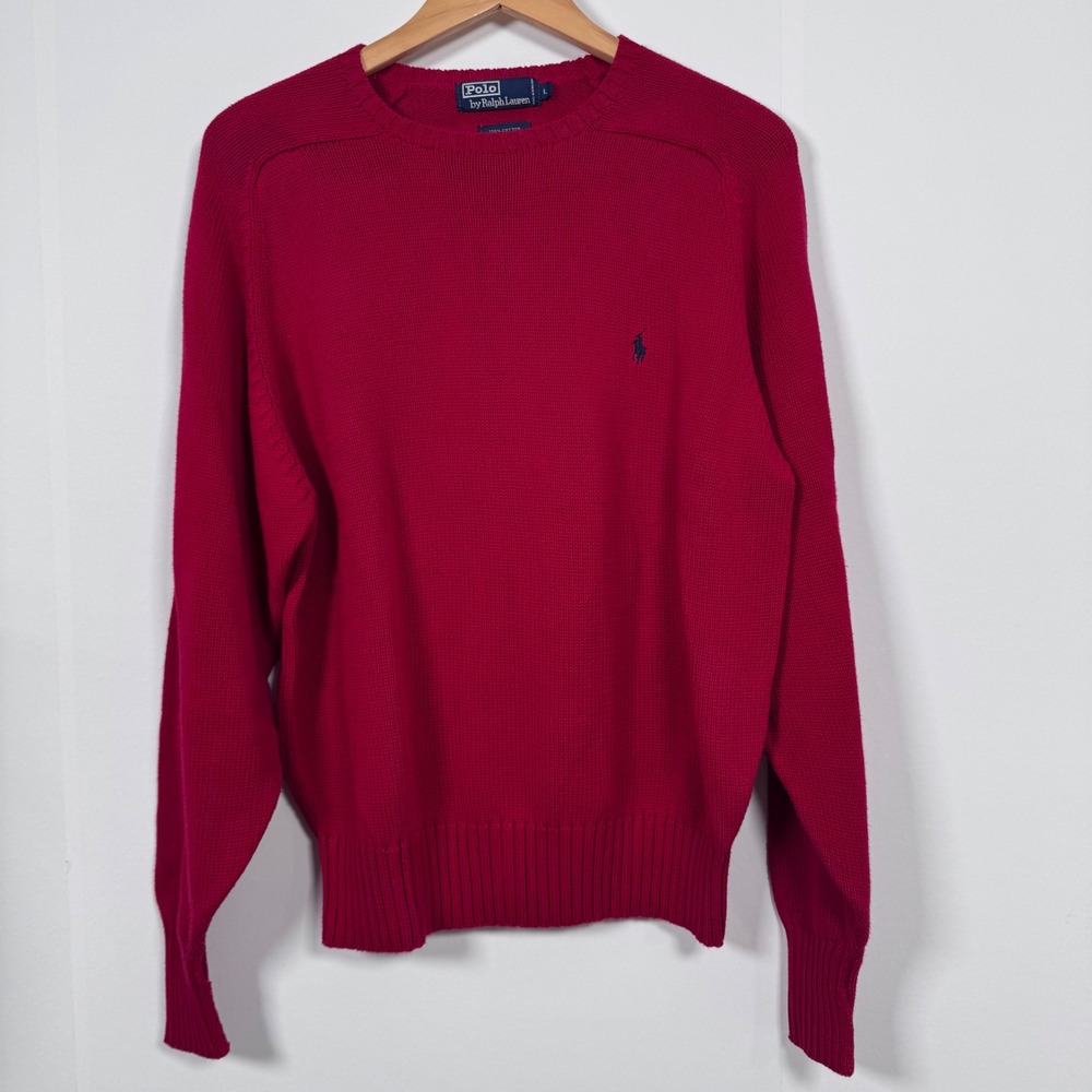 VTG Polo Ralph Lauren Crewneck Sweater Men L Red Cotton Preppy Classic Heritage